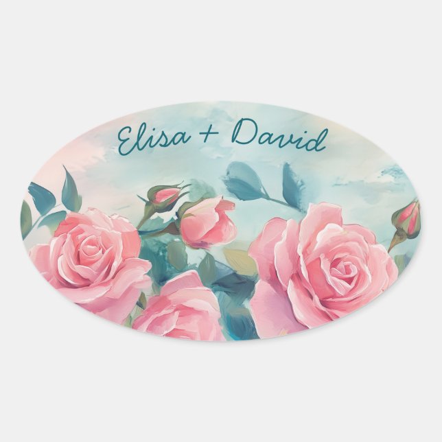 Sticker Ovale Peinture de roses roses Shower de mariage PERSONNA (Devant)
