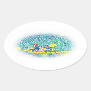 Sticker Ovale Peinture de scène de kayak de Pointillism,