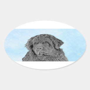 Sticker Ovale Peinture de Terre-Neuve - Cute Original Dog Art
