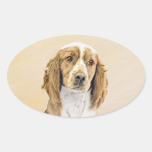Sticker Ovale Peinture d'espagnol Welsh Springer - Art original  (Devant)