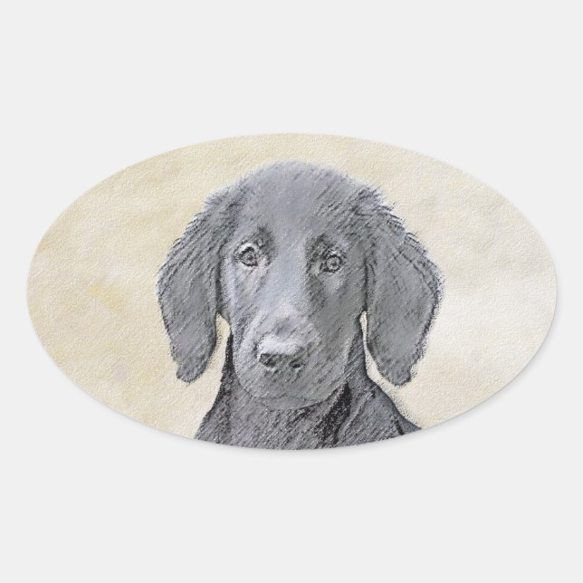 Sticker Ovale Peinture Retriever à revêtement plat - Art Chien o (Devant)