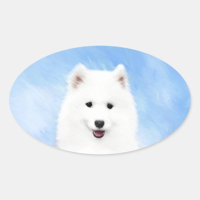 Sticker Ovale Peinture Samoyed Puppy - Jolie Art Original Chien (Devant)