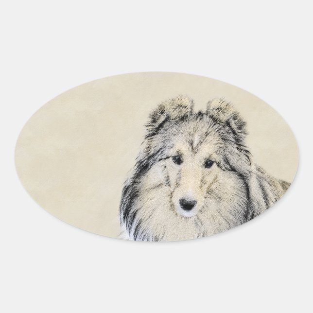 Sticker Ovale Peinture Shetland Sheepdog - Jolie art original ch (Devant)