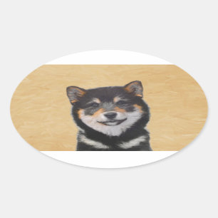 Sticker Ovale Peinture Shiba Inu (Noir et Tan) - Art Chien