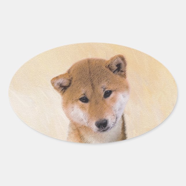 Sticker Ovale Peinture Shiba Inu (Rouge) - Art Chien original (Devant)