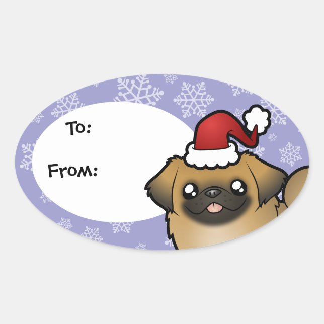 Sticker Ovale Pekingese de Noël (coupe de chiot) (Devant)