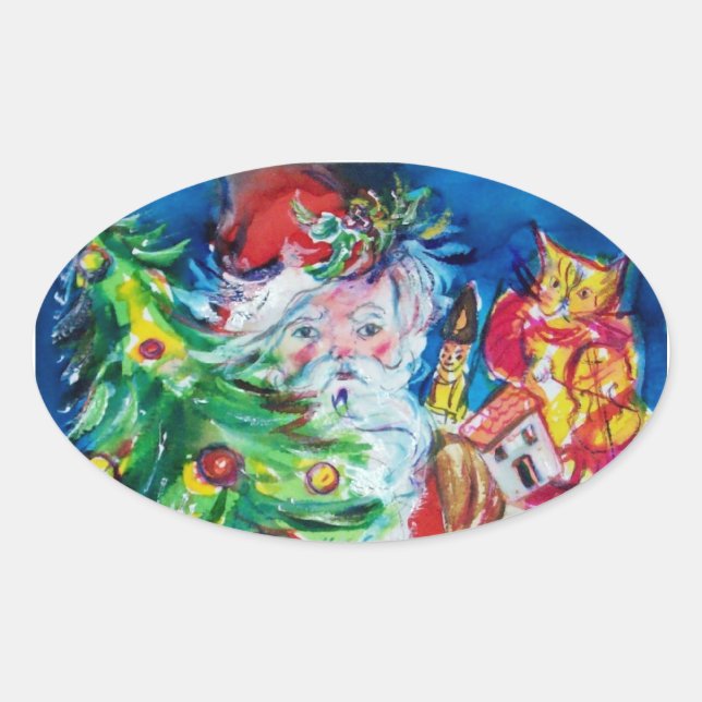STICKER OVALE PÈRE NOËL AVEC ARBRE DE NOËL ET CADEAUX (Devant)