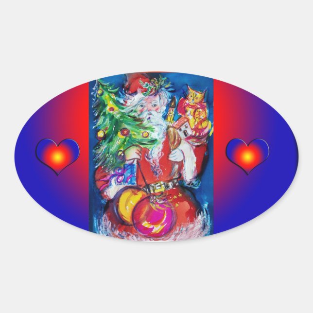 STICKER OVALE PÈRE NOËL AVEC ARBRE DE NOËL ET CADEAUX (Devant)