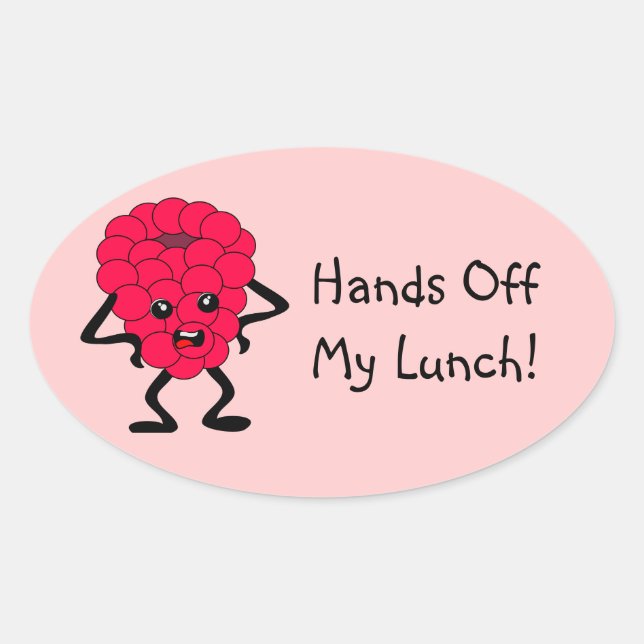 Sticker Ovale Personnalisable "Hands Off My Lunch" Framboise (Devant)