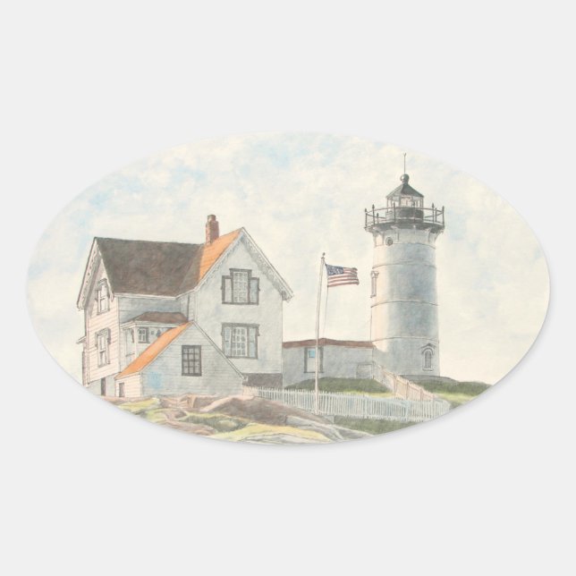 Sticker Ovale Phare de Cape Neddick Aquarelle (Devant)