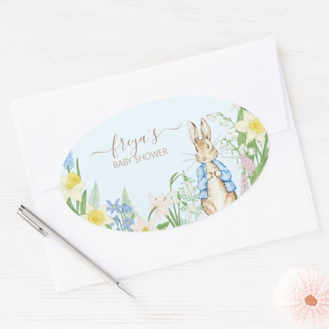 Sticker Ovale Pierre le lapin Le printemps fleurit Baby shower d (Enveloppe)