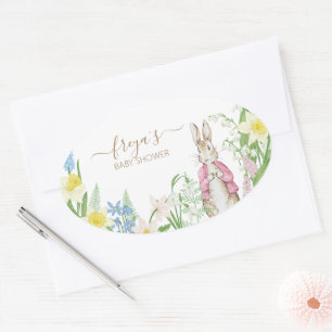 Sticker Ovale Pierre le lapin Printemps fleurit Baby shower rose