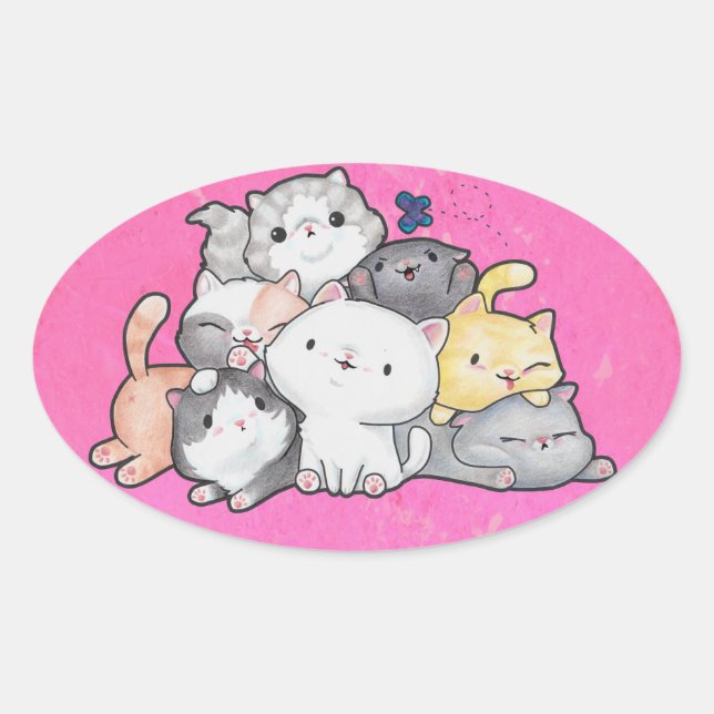 Sticker Ovale Pile de chatons (Devant)