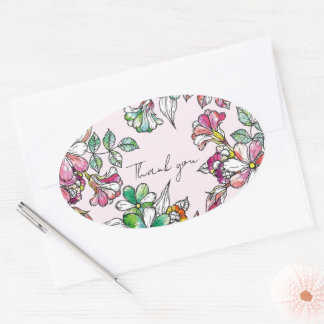 Sticker Ovale Pink and green flowers