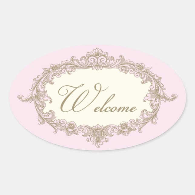 Sticker Ovale Pink Gold Cream Vintage Wedding Welcome (Devant)