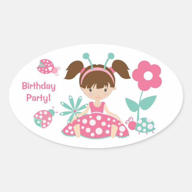 Sticker Ovale Pink Ladybug Girl Anniversaire de enfant Party (Devant)