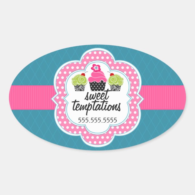 Sticker Ovale Pink Turquoise Cupcake Bakery (Devant)