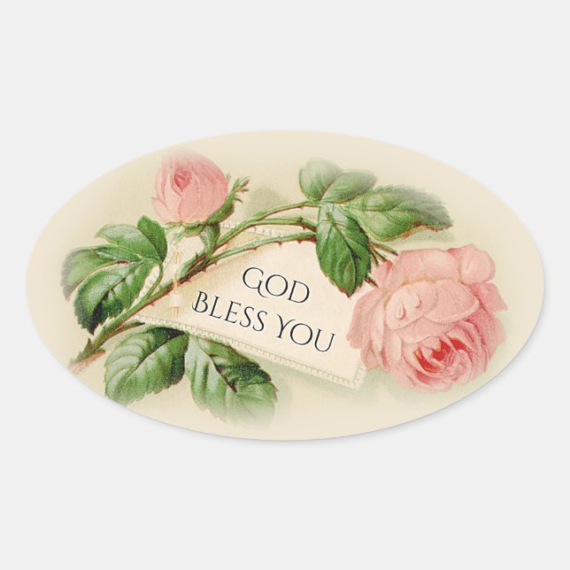 Sticker Ovale Pink Vintage Roses Dieu vous bénisse (Devant)