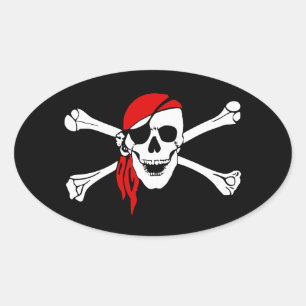 Sticker Ovale Pirate crâne et os croisés avec Bandana rouge