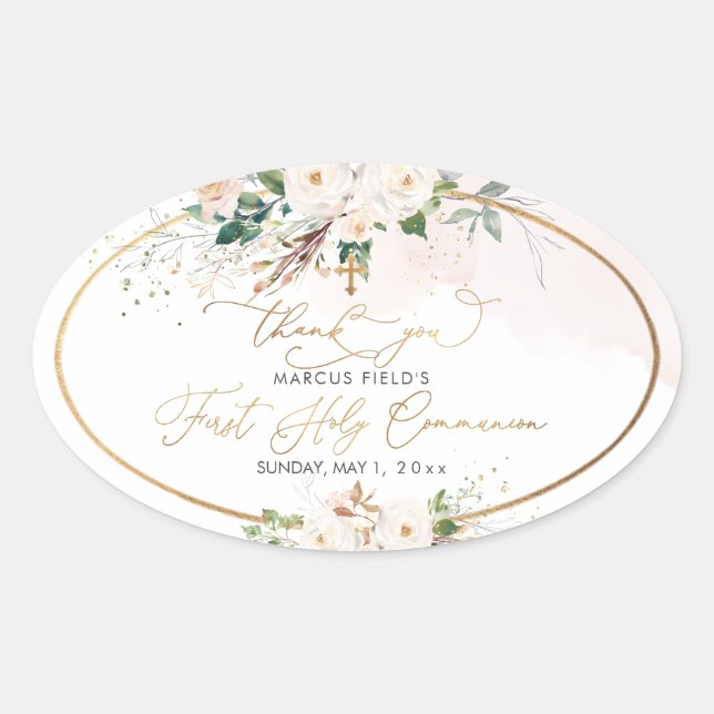 Sticker Ovale PixDezines aquarelle bleu rose roses Communion C (Devant)