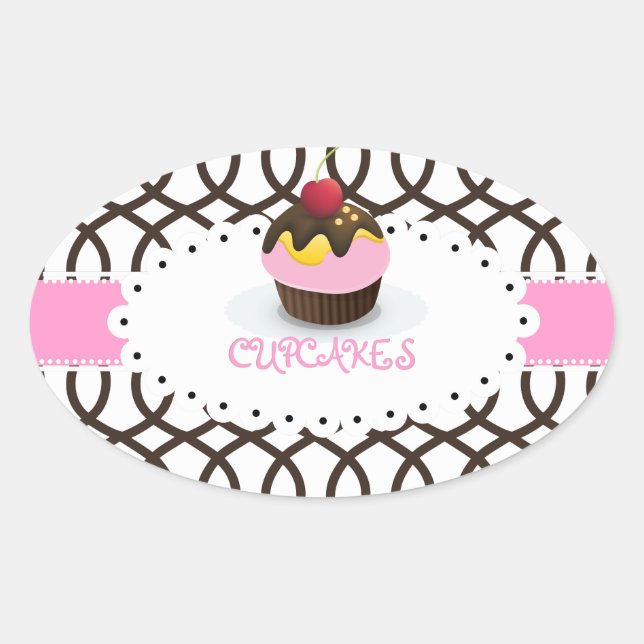 Sticker Ovale PixDezines monaco treillis+cupcake/DIY couleur (Devant)