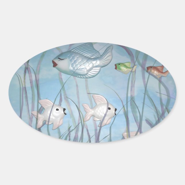 Sticker Ovale plaisir avec chalkware poisson aquarelle style (Devant)