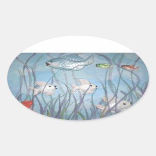 Sticker Ovale plaisir avec chalkware poisson aquarelle style