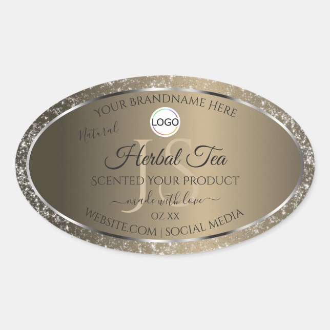 Sticker Ovale Platine Beige Logo Initiales Parties scintillant É (Devant)