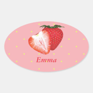 Sticker Ovale Points fraises avec texte personnalisable