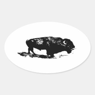 Sticker Ovale Pop Art Black White Buffalo Bison Silhouette