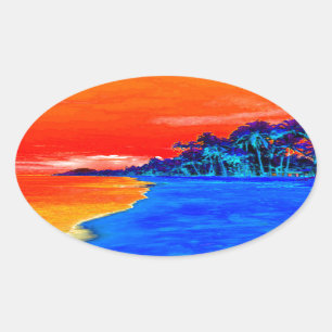 Sticker Ovale Pop Art Plage Exotique Palmiers