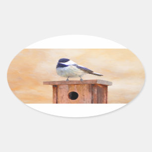 Sticker Ovale Poulet sur la peinture d'oiseaux Art original