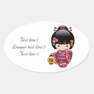 Sticker Ovale Poupée de Sakura Kokeshi - fille de geisha sur le