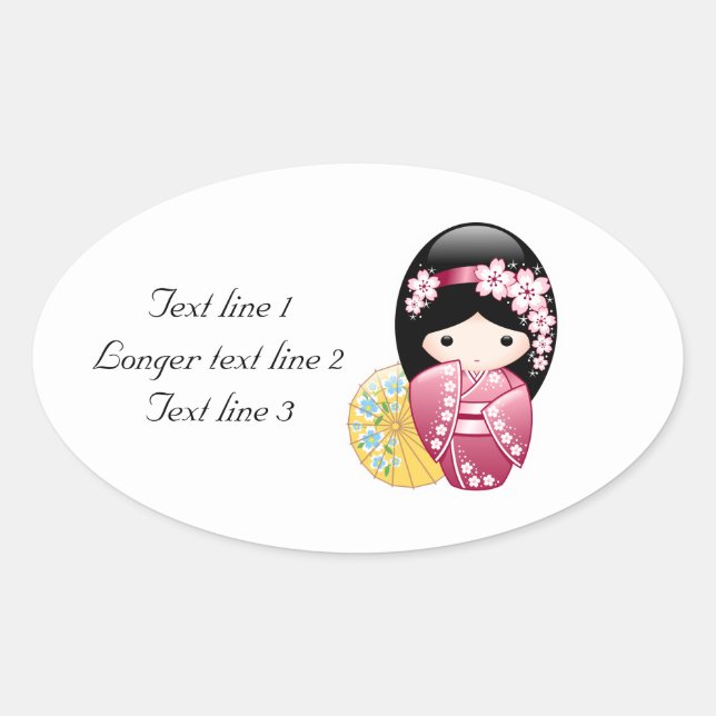 Sticker Ovale Poupée Kokeshi Printemps - Cute Japonaise Geisha G (Devant)