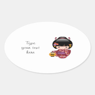 Sticker Ovale Poupée Sakura Kokeshi - Geisha Girl sur blanc