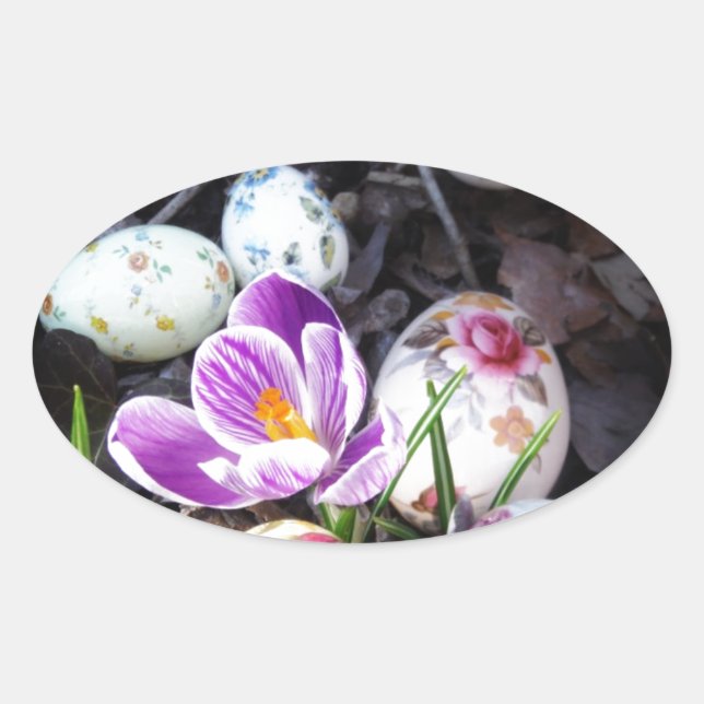 Sticker Ovale Purple Crocus et Floral Easter Eggs (Devant)