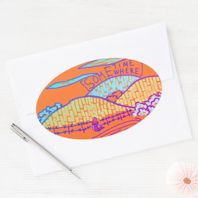 Sticker Ovale Quelque part / Parfois doodé sur orange (Enveloppe)