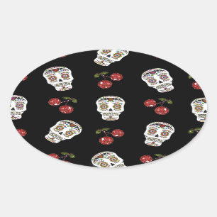 Sticker Ovale RAB Rockabilly Sugar Skulls Cherries On Black