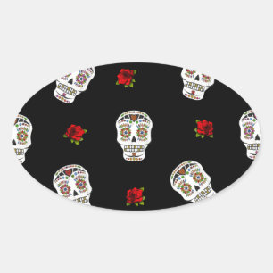 Sticker Ovale RAB Rockabilly Sugar Skulls Roses On Black