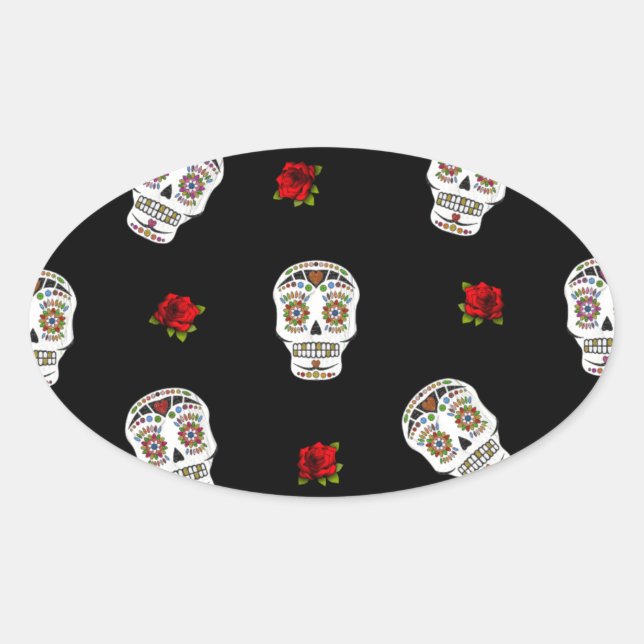 Sticker Ovale RAB Rockabilly Sugar Skulls Roses sur fond noir (Devant)