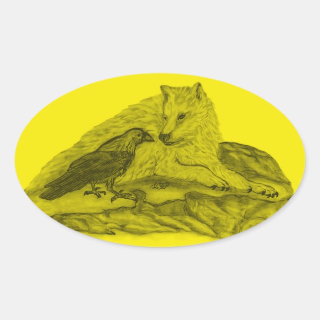 Sticker Ovale Rabe mit Wolf schwarz gelée Design (Devant)