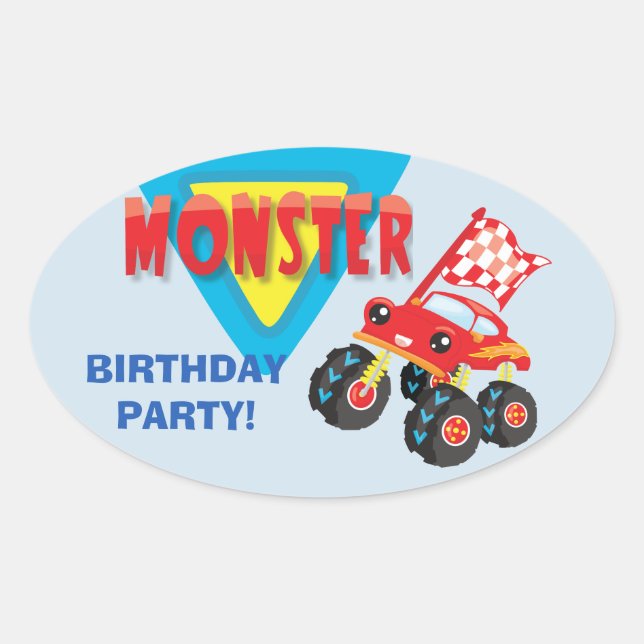 Sticker Ovale Red Monster Truck Anniversaire de enfant Party (Devant)