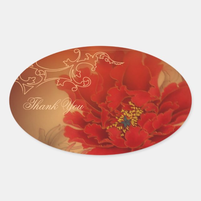 Sticker Ovale Red Peony Happiness mariage chinois merci (Devant)