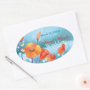 Sticker Ovale Red Poppy Floral Wedding Enregistrer la date