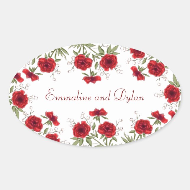 Sticker Ovale Red Rose Romantic Wedding (Devant)