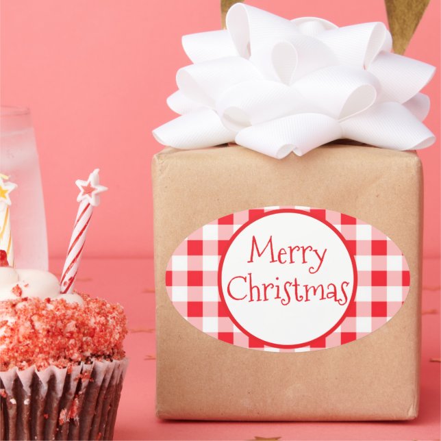 Sticker Ovale Red White Check Whimsical MERRY CHRISTMAS (Fête)