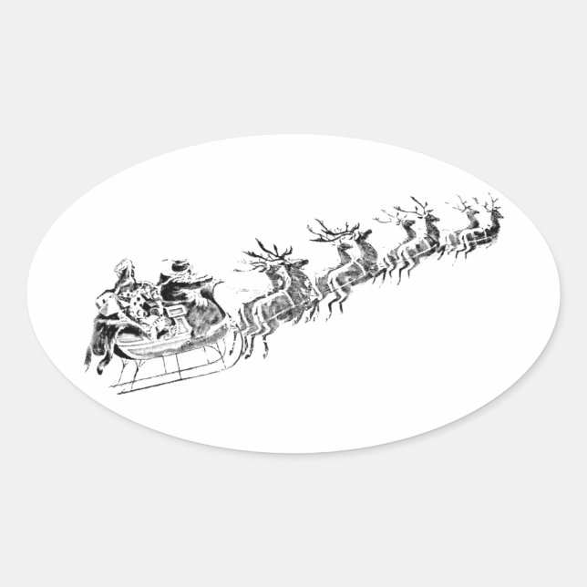Sticker Ovale Reindeer Tirant Père Noël Sleigh . (Devant)