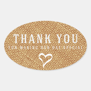 Sticker Ovale Remerciement Rustique Mariage Brun Toile de Jute a