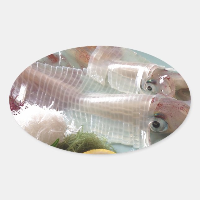Sticker Ovale Repas japonais de sashimi de calmar servi déjeuner (Devant)