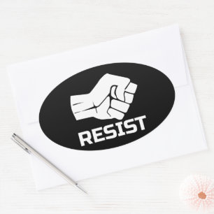 Sticker Ovale Résister avec le poing - en blanc 0002